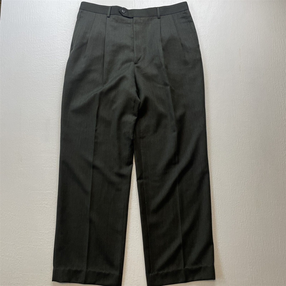 Bill Blass Black Label Mens 36x32 Dark Green Super 100s Wool Pleated Dress Pants